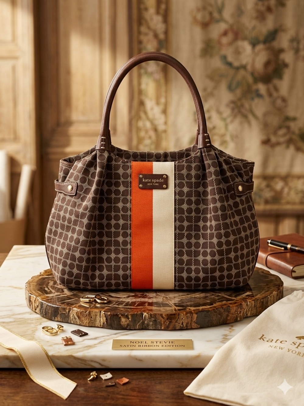 NWOT Kate Spade Noel Stevie Brown Tote with Orange & Cream Center Stripe